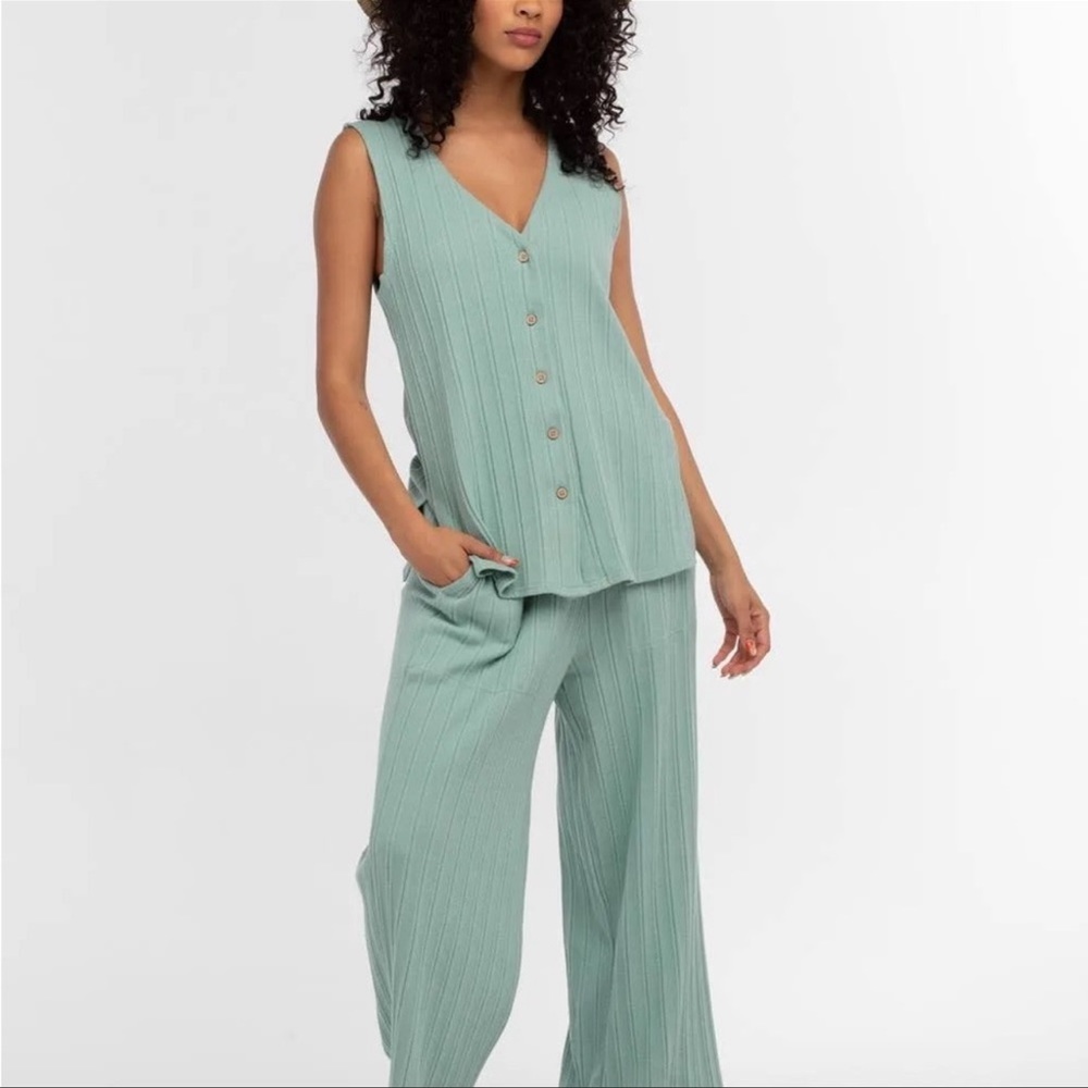 Free People Dana April Mist Womens Top Pant Set Ribbed Midweight Sleeveless